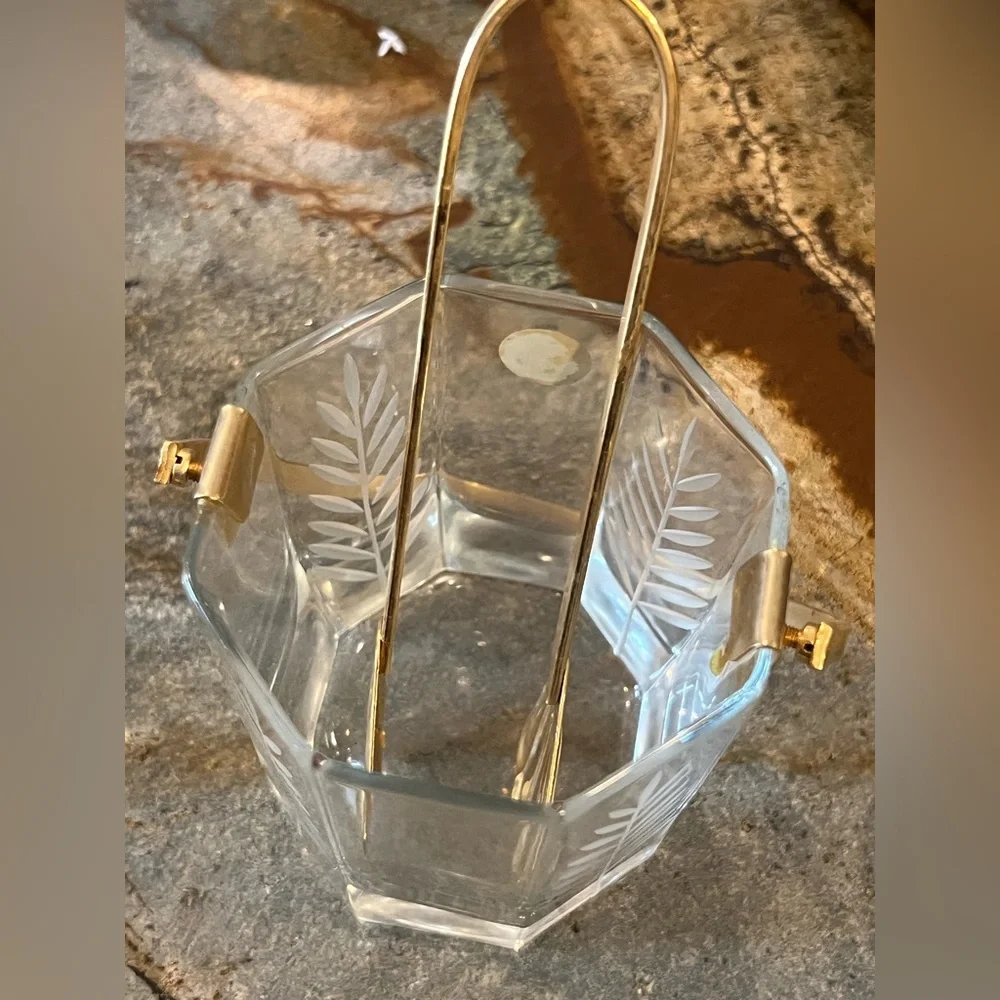 Vintage Ice Bucket with Tongs Miniature Approx. 4” Tall Fern Leaf 🍃 Design